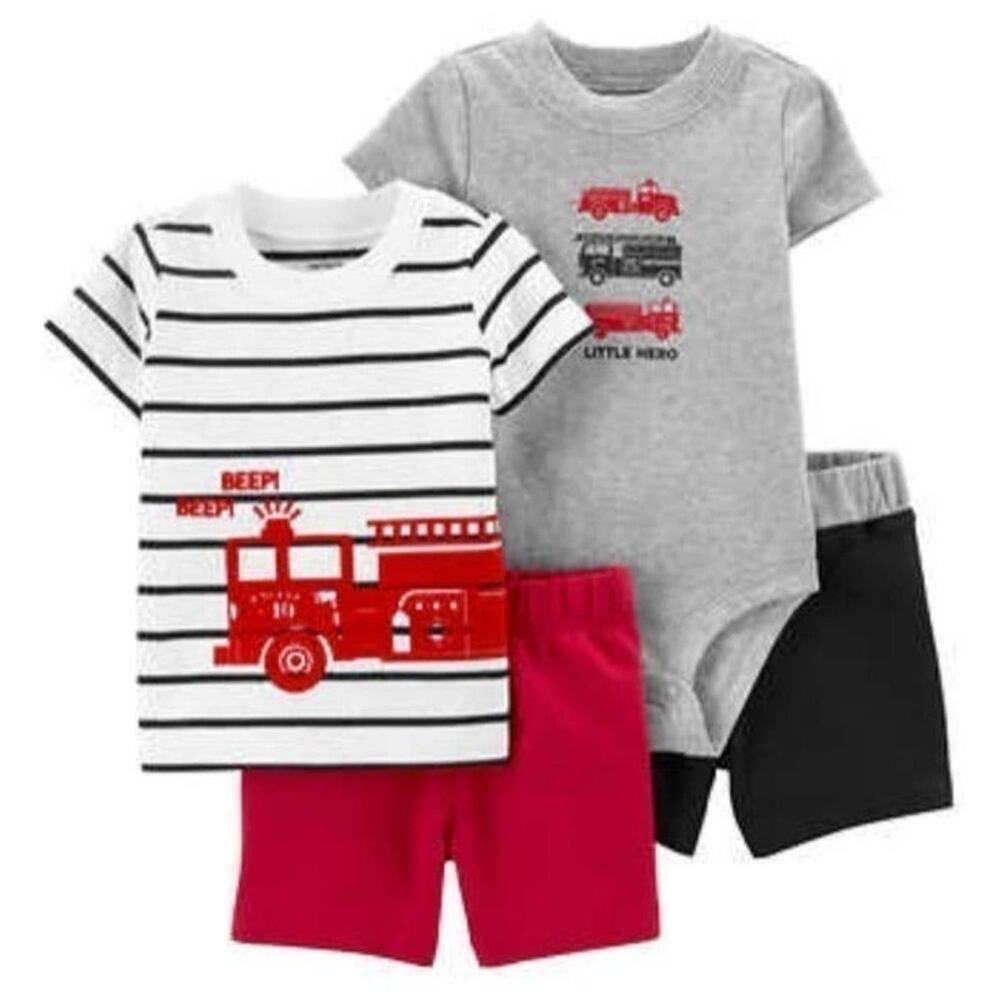 Carters Boys Firetruck 4 Piece Summer Outfits Clothes Fire Truck Size 6 Months